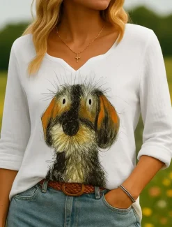 New Women's 100% Cotton Shirts Graphic Animal Vintage Tropical Stylish 3/4 Length Sleeve Asymmetrical Regular Tops Daily Holiday White Brown Khaki Summer Spring Women Shirts