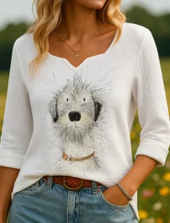 New Women's 100% Cotton Shirts Graphic Animal Vintage Tropical Stylish 3/4 Length Sleeve Asymmetrical Regular Tops Daily Holiday White Brown Khaki Summer Spring Women Shirts