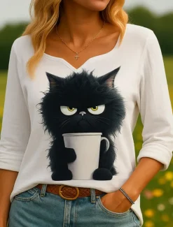 Discount Women's 100% Cotton Shirts Graphic Animal Vintage Tropical Stylish 3/4 Length Sleeve Asymmetrical Regular Tops Daily Holiday Black White Gray Summer Spring Women Shirts