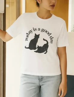Women's 100% Cotton T Shirt Animal Cat Letter Stylish Basic Modern Short Sleeve Crew Neck Regular Tops Daily Sports Going out Print Black White Spring, Fall, Winter, Summer Women Women's Tops|T-Shirts