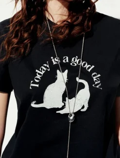 Women's 100% Cotton T Shirt Animal Cat Letter Stylish Basic Modern Short Sleeve Crew Neck Regular Tops Daily Sports Going out Print Black White Spring, Fall, Winter, Summer Women Women's Tops|T-Shirts