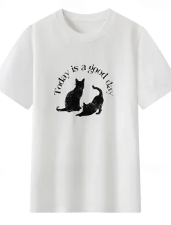 Women's 100% Cotton T Shirt Animal Cat Letter Stylish Basic Modern Short Sleeve Crew Neck Regular Tops Daily Sports Going out Print Black White Spring, Fall, Winter, Summer Women Women's Tops|T-Shirts