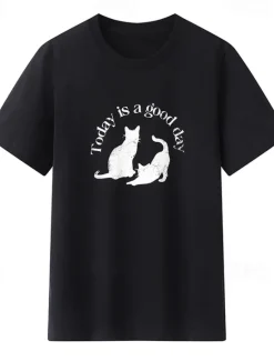 Women's 100% Cotton T Shirt Animal Cat Letter Stylish Basic Modern Short Sleeve Crew Neck Regular Tops Daily Sports Going out Print Black White Spring, Fall, Winter, Summer Women Women's Tops|T-Shirts