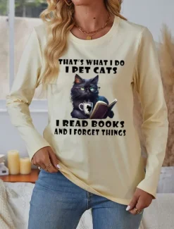 New Women's 100% Cotton T Shirt Casual Cat Letter Regular Tops Long Sleeve Round Neck Print Regular Fit Daily Weekend Blue Beige Gray Fall Winter Women T-Shirts