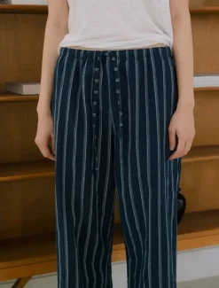 Women's 100% Cotton Wide Leg Chinos Vacation Vintage Ethnic Style Full Length Mid Waist Stripe Inelastic Vacation Home Casual White Navy Blue Summer Spring Fall Loose Fit Women Pants|Pants