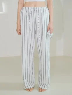 Women's 100% Cotton Wide Leg Chinos Vacation Vintage Ethnic Style Full Length Mid Waist Stripe Inelastic Vacation Home Casual White Navy Blue Summer Spring Fall Loose Fit Women Pants|Pants