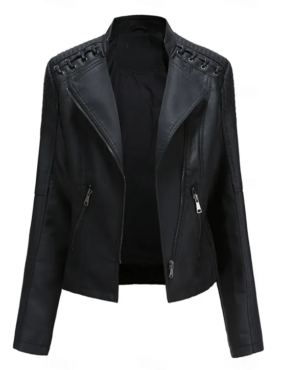 Discount Women's Faux Leather Jacket Moto Biker Jacket Fall Waterproof Windproof Coat Winter Zipper Lapel Modern Outerwear Long Sleeve Causal Vacation Women Jackets