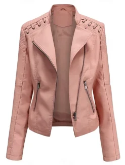 Discount Women's Faux Leather Jacket Moto Biker Jacket Fall Waterproof Windproof Coat Winter Zipper Lapel Modern Outerwear Long Sleeve Causal Vacation Women Jackets