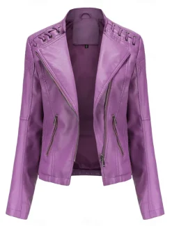 Discount Women's Faux Leather Jacket Moto Biker Jacket Fall Waterproof Windproof Coat Winter Zipper Lapel Modern Outerwear Long Sleeve Causal Vacation Women Jackets