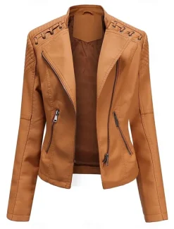 Discount Women's Faux Leather Jacket Moto Biker Jacket Fall Waterproof Windproof Coat Winter Zipper Lapel Modern Outerwear Long Sleeve Causal Vacation Women Jackets