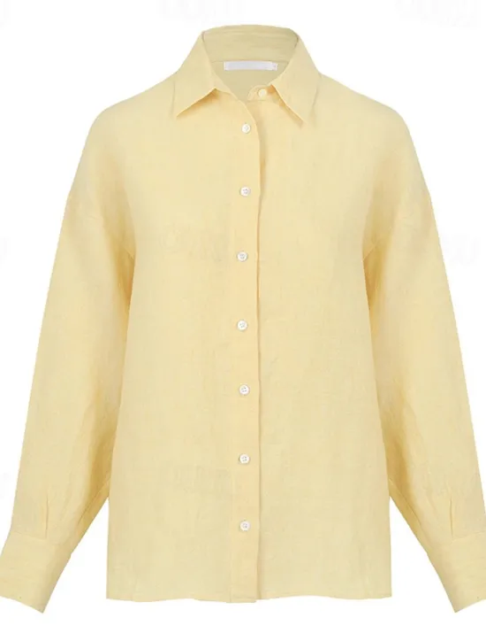 Discount Women's 100% Linen Shirt Elegant Vintage Daily Long Sleeve Shirt Collar Regular Tops Work Daily Holiday Cream yellow off white Summer Spring Fall Women Shirts
