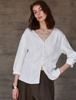 Online Women's 100% Linen Shirt Solid Color Plain Elegant Vintage Daily 3/4 Length Sleeve V Neck Regular Tops Work Daily Holiday Hemp White Summer Spring Fall Women Shirts