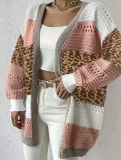 Women's Long CardiganL Leopard Striped Knit Hollow Out Knitted Fall Winter Going out Weekend Streetwear Casual Long Sleeve Leopard Striped Women Cardigans & Outerwears