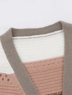 Women's Long CardiganL Leopard Striped Knit Hollow Out Knitted Fall Winter Going out Weekend Streetwear Casual Long Sleeve Leopard Striped Women Cardigans & Outerwears