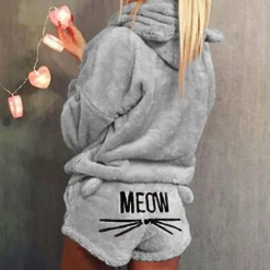 Women's Loungewear Sweatsuit Sets 2 Pieces Animal Cat Warm Plush Comfort Home Street Daily Fleece Hoodie Long Sleeve Hoodie Shorts Elastic Waist Fa Home Outfits Women Pajama-Setter