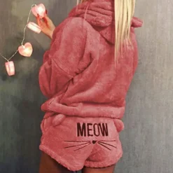 Women's Loungewear Sweatsuit Sets 2 Pieces Animal Cat Warm Plush Comfort Home Street Daily Fleece Hoodie Long Sleeve Hoodie Shorts Elastic Waist Fa Home Outfits Women Pajama-Setter