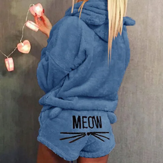 Women's Loungewear Sweatsuit Sets 2 Pieces Animal Cat Warm Plush Comfort Home Street Daily Fleece Hoodie Long Sleeve Hoodie Shorts Elastic Waist Fa Home Outfits Women Pajama-Setter