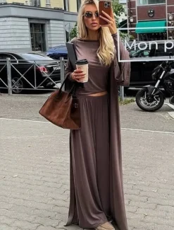 New Women's 3 Piece Pants Sets Elegant Vacation Vintage Long Sleeve Bell Sleeve Off Shoulder Plain Outdoor Vacation Yoga Black Yellow Brown Summer Regular Fit Women Two Piece Sets