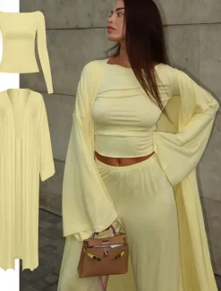 New Women's 3 Piece Pants Sets Elegant Vacation Vintage Long Sleeve Bell Sleeve Off Shoulder Plain Outdoor Vacation Yoga Black Yellow Brown Summer Regular Fit Women Two Piece Sets