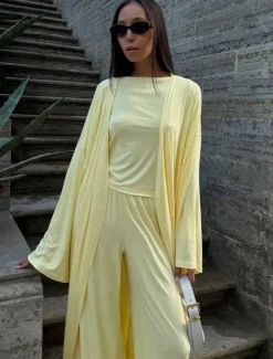 New Women's 3 Piece Pants Sets Elegant Vacation Vintage Long Sleeve Bell Sleeve Off Shoulder Plain Outdoor Vacation Yoga Black Yellow Brown Summer Regular Fit Women Two Piece Sets