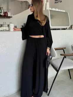New Women's 3 Piece Pants Sets Elegant Vacation Vintage Long Sleeve Bell Sleeve Off Shoulder Plain Outdoor Vacation Yoga Black Yellow Brown Summer Regular Fit Women Two Piece Sets