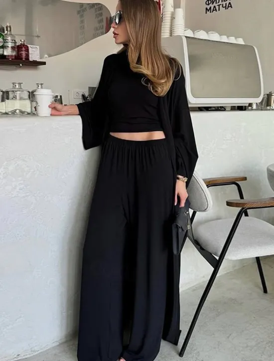 New Women's 3 Piece Pants Sets Elegant Vacation Vintage Long Sleeve Bell Sleeve Off Shoulder Plain Outdoor Vacation Yoga Black Yellow Brown Summer Regular Fit Women Two Piece Sets