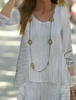 Sale Women's 2 Pieces Basic Neon & Bright Shirt Blouse Linen Like 3/4 Length Sleeve V Neck Striped Print Casual Summer Regular Fit Women Two Piece Sets