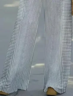 Sale Women's 2 Pieces Basic Neon & Bright Shirt Blouse Linen Like 3/4 Length Sleeve V Neck Striped Print Casual Summer Regular Fit Women Two Piece Sets