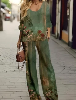 Online Women's 2 Pieces Basic Neon & Bright Shirt Blouse 3/4 Length Sleeve V Neck Floral Print Casual Linen Like Green Summer Regular Fit Women Two Piece Sets