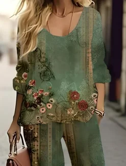 Online Women's 2 Pieces Basic Neon & Bright Shirt Blouse 3/4 Length Sleeve V Neck Floral Print Casual Linen Like Green Summer Regular Fit Women Two Piece Sets
