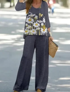 New Women's 2 Pieces Basic Neon & Bright Shirt Blouse 3/4 Length Sleeve V Neck Ombre Floral Print Casual Linen Like White Navy Blue Blue Summer Regular Fit Women Two Piece Sets