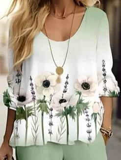 New Women's 2 Pieces Basic Neon & Bright Shirt Blouse 3/4 Length Sleeve V Neck Ombre Floral Print Casual Linen Like White Navy Blue Blue Summer Regular Fit Women Two Piece Sets