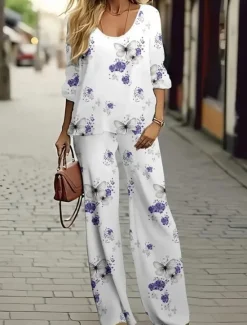New Women's 2 Pieces Basic Neon & Bright Shirt Blouse 3/4 Length Sleeve V Neck Ombre Floral Print Casual Linen Like White Navy Blue Blue Summer Regular Fit Women Two Piece Sets