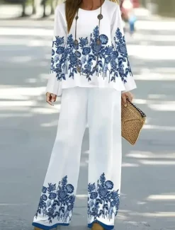 New Women's 2 Pieces Basic Neon & Bright Shirt Blouse 3/4 Length Sleeve V Neck Ombre Floral Print Casual Linen Like White Navy Blue Blue Summer Regular Fit Women Two Piece Sets