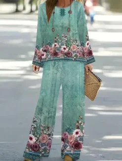 New Women's 2 Pieces Basic Neon & Bright Shirt Blouse 3/4 Length Sleeve V Neck Ombre Floral Print Casual Linen Like White Navy Blue Blue Summer Regular Fit Women Two Piece Sets