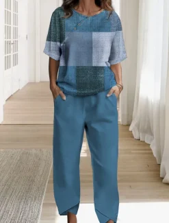 Clearance Women's 2 Pieces Basic Shirt Pants Sets Pants Trousers Short Sleeve Round Neck Plaid Print Casual Daily Blue Brown Green Spring & Fall Regular Fit Women Two Piece Sets