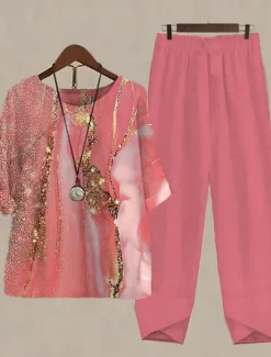 Women's 2 Pieces Daily Basic Shirt Pants Sets Pants Trousers Round Neck Graphic Print Holiday Weekend Pink Red Blue Fall & Winter Regular Fit Women Two Piece Sets