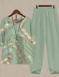 Women's 2 Pieces Daily Basic Shirt Pants Sets Pants Trousers Round Neck Graphic Print Holiday Weekend Pink Red Blue Fall & Winter Regular Fit Women Two Piece Sets