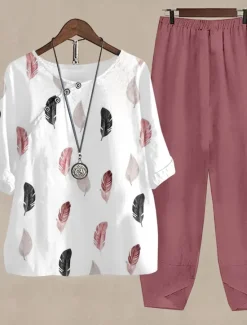 Online Women's 2 Pieces Daily Basic Shirt Pants Sets Pants Trousers Round Neck Graphic Print Holiday Weekend Red Blue Fall & Winter Regular Fit Women Two Piece Sets