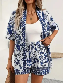 Women's 2 Pieces Elegant Fashion Streetwear Shorts Sets Half Sleeve V Neck Floral Print Outdoor Work Casual Black Royal Blue Blue Summer Regular Fit Women Two Piece Sets
