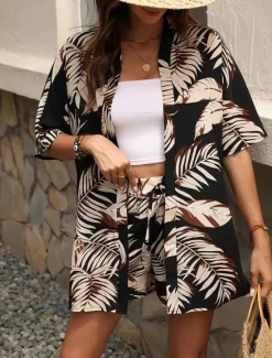 Women's 2 Pieces Elegant Fashion Streetwear Shorts Sets Half Sleeve V Neck Floral Print Outdoor Work Casual Black Royal Blue Blue Summer Regular Fit Women Two Piece Sets