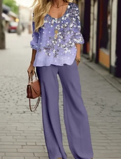 Women's 2 Pieces Elegant Fashion Streetwear Shirt Pants Sets Wide Leg Pants Trousers Long Sleeve V Neck Floral Print Casual Holiday Pink Blue Purple Fall & Winter Regular Fit Women Two Piece Sets