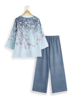 Women's 2 Pieces Elegant Fashion Streetwear Shirt Pants Sets Wide Leg Pants Trousers Long Sleeve V Neck Floral Print Casual Holiday Pink Blue Purple Fall & Winter Regular Fit Women Two Piece Sets