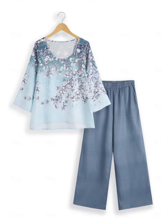Women's 2 Pieces Elegant Fashion Streetwear Shirt Pants Sets Wide Leg Pants Trousers Long Sleeve V Neck Floral Print Casual Holiday Pink Blue Purple Fall & Winter Regular Fit Women Two Piece Sets