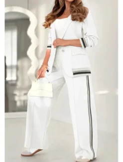 Hot Women's 2 Pieces Elegant Fashion Streetwear Pants Sets Blazer Suits Long Sleeve Shirt Collar Striped Outdoor Work Black White Brown Summer Regular Fit Women Blazers & Suits