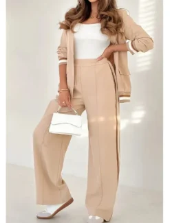 Hot Women's 2 Pieces Elegant Fashion Streetwear Pants Sets Blazer Suits Long Sleeve Shirt Collar Striped Outdoor Work Black White Brown Summer Regular Fit Women Blazers & Suits