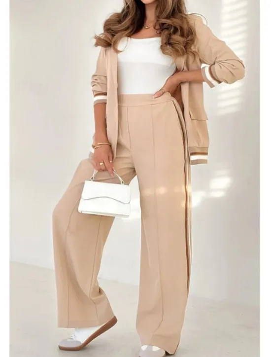 Hot Women's 2 Pieces Elegant Fashion Streetwear Pants Sets Blazer Suits Long Sleeve Shirt Collar Striped Outdoor Work Black White Brown Summer Regular Fit Women Blazers & Suits