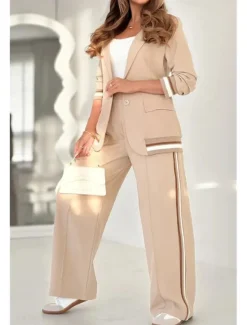 Hot Women's 2 Pieces Elegant Fashion Streetwear Pants Sets Blazer Suits Long Sleeve Shirt Collar Striped Outdoor Work Black White Brown Summer Regular Fit Women Blazers & Suits