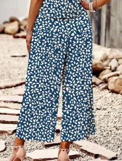 New Women's 2 Pieces Elegant Vacation Tank Top Pants Sets Pants Trousers Sleeveless Crew Neck Floral Vacation Summer Regular Fit Women Two Piece Sets