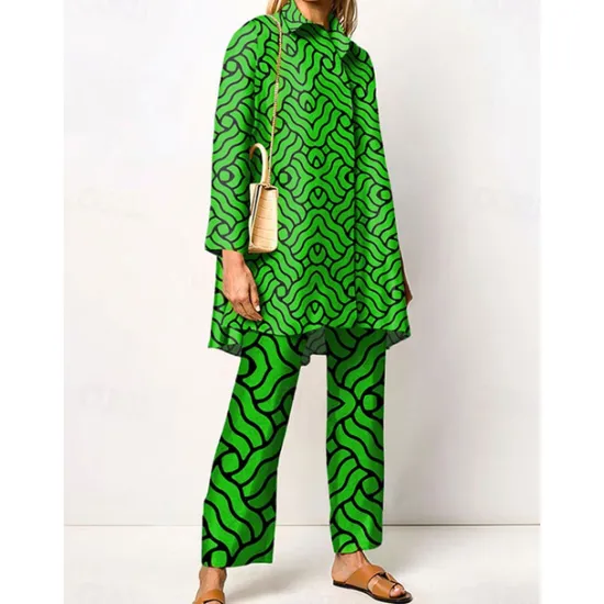 New Women's 2 Pieces Elegant Vintage Fashion Shirt Blouse Pants Sets Pants Trousers Long Sleeve Shirt Collar Graphic Print Casual Daily Dark Navy Green Clover Fall & Winter Regular Fit Women Two Piece Sets